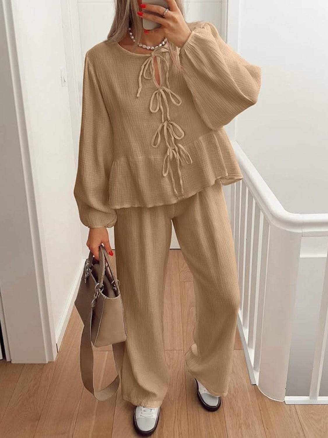 Tie Neck Balloon Sleeve Top and Pants Set - Trendsi - Flyclothing LLC