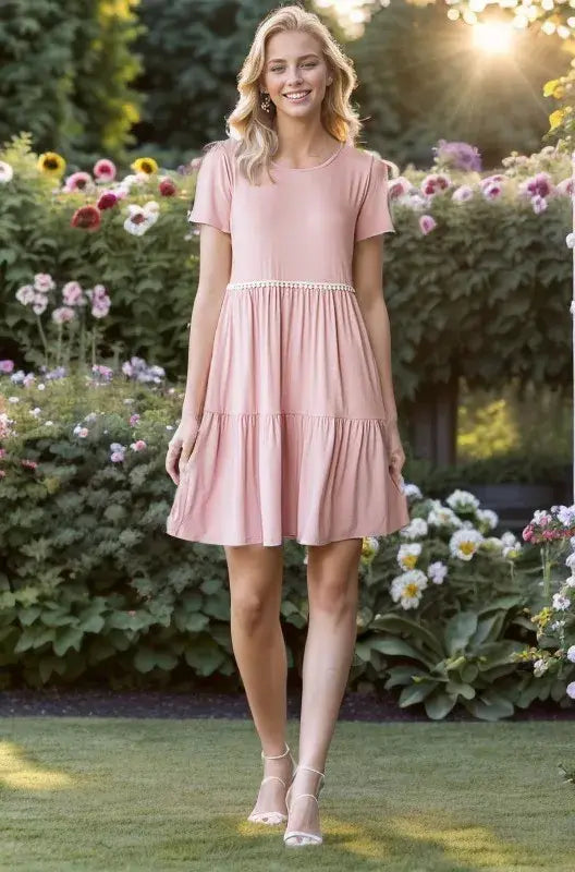 Heimish Full Size Solid Mini Tiered Dress with Pompom Lace Plus Size - Trendsi - Flyclothing LLC