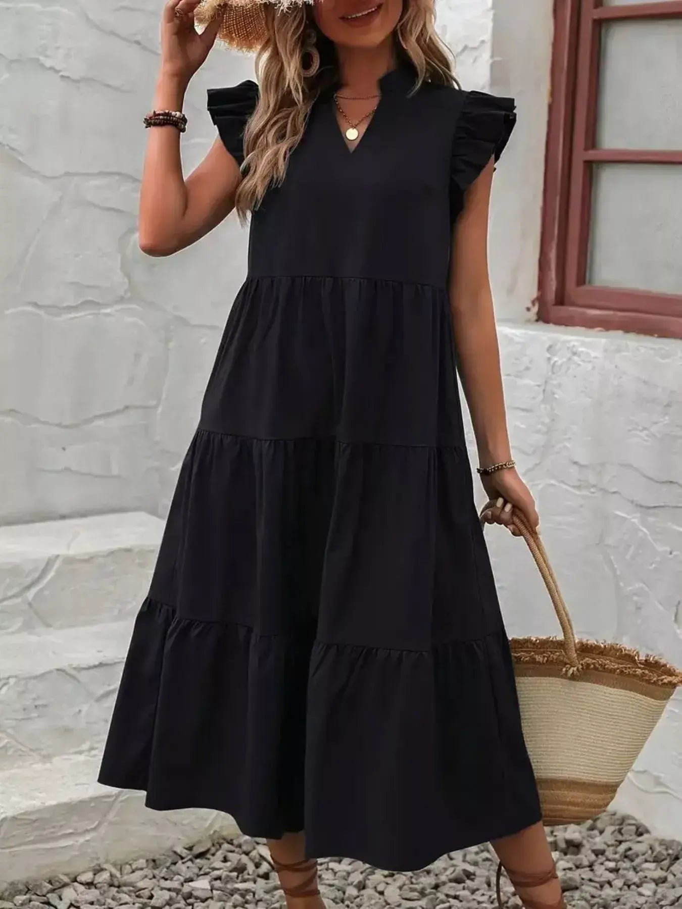 Ruffle Sleeve Tiered Midi Dress - Trendsi - Flyclothing LLC