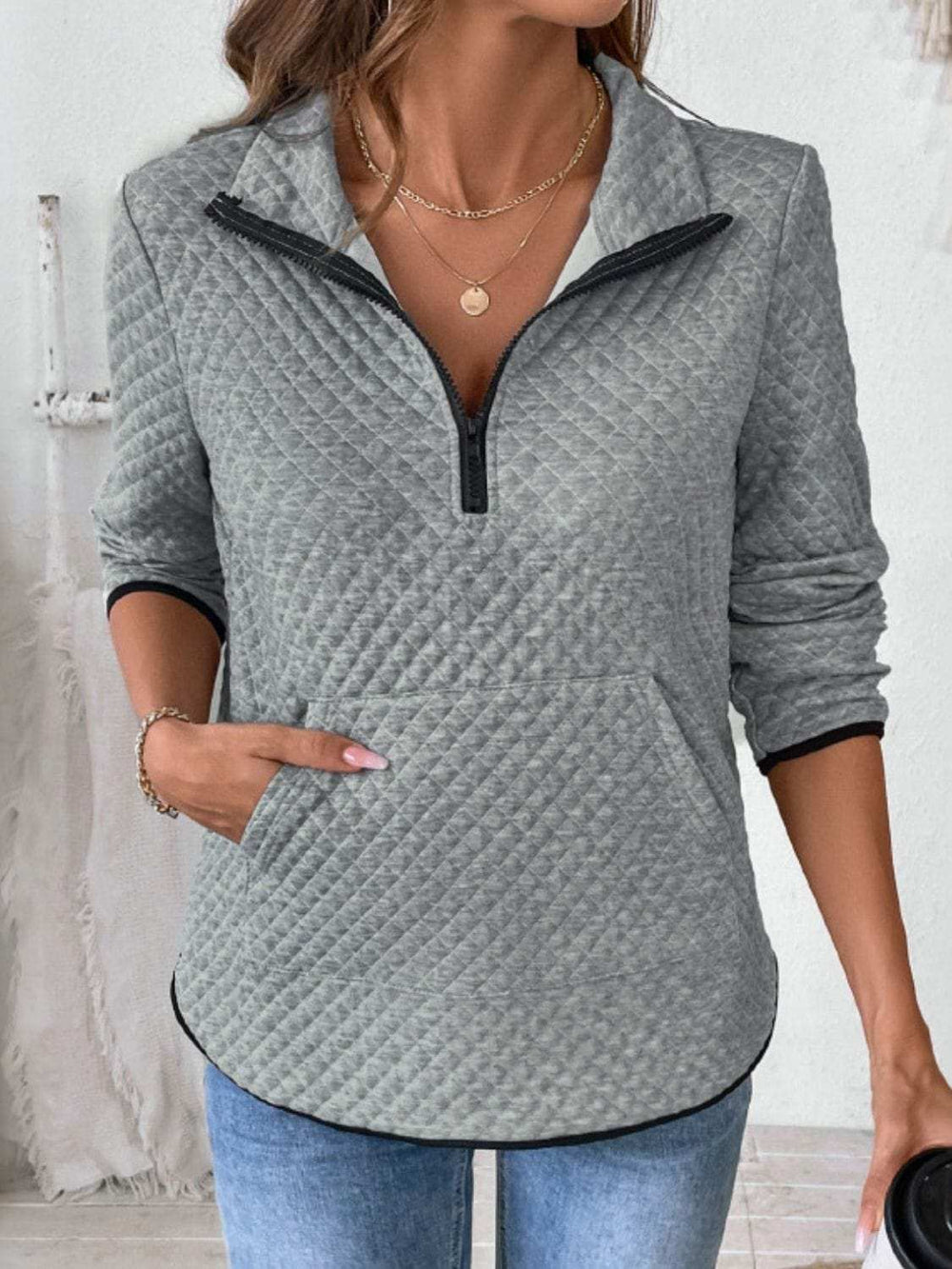 Perfee Texture Half Zip Long Sleeve Sweatshirt - Trendsi - Flyclothing LLC