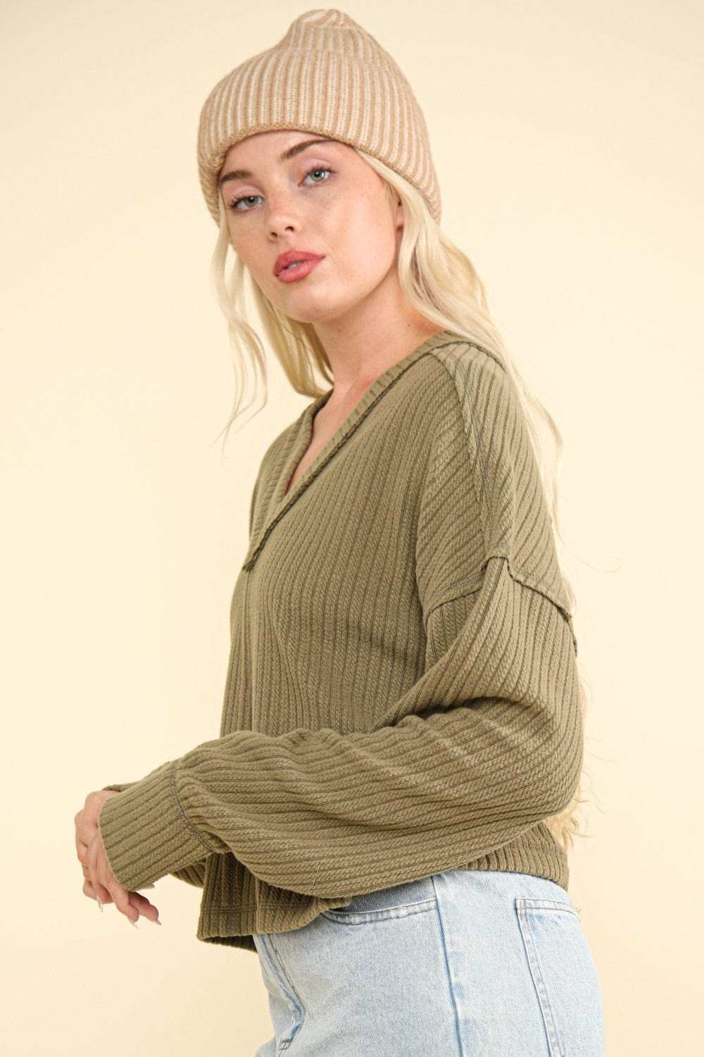 VERY J Exposed Seam V-Neck Ribbed Knit Top - Trendsi - Flyclothing LLC