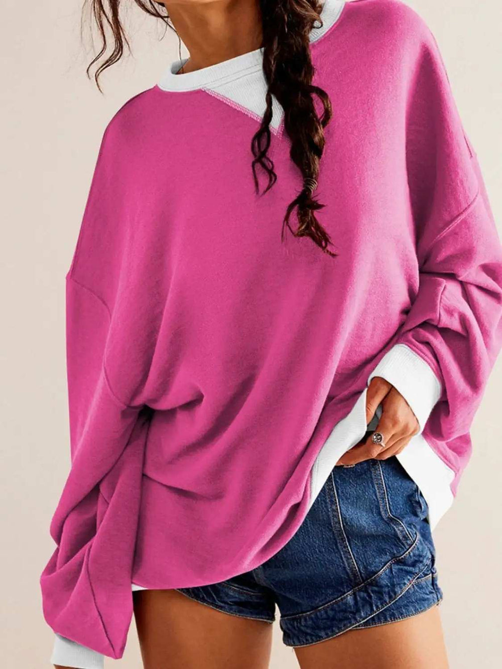 Contrast Trim Round Neck Long Sleeve Sweatshirt - Trendsi - Flyclothing LLC