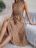 Grecian Neck Tie Waist Pleated Dress - Trendsi - Flyclothing LLC