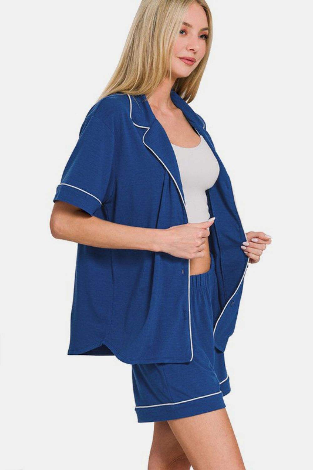 Zenana Button Down Short Sleeve Top and Shorts Lounge Set - Trendsi - Flyclothing LLC