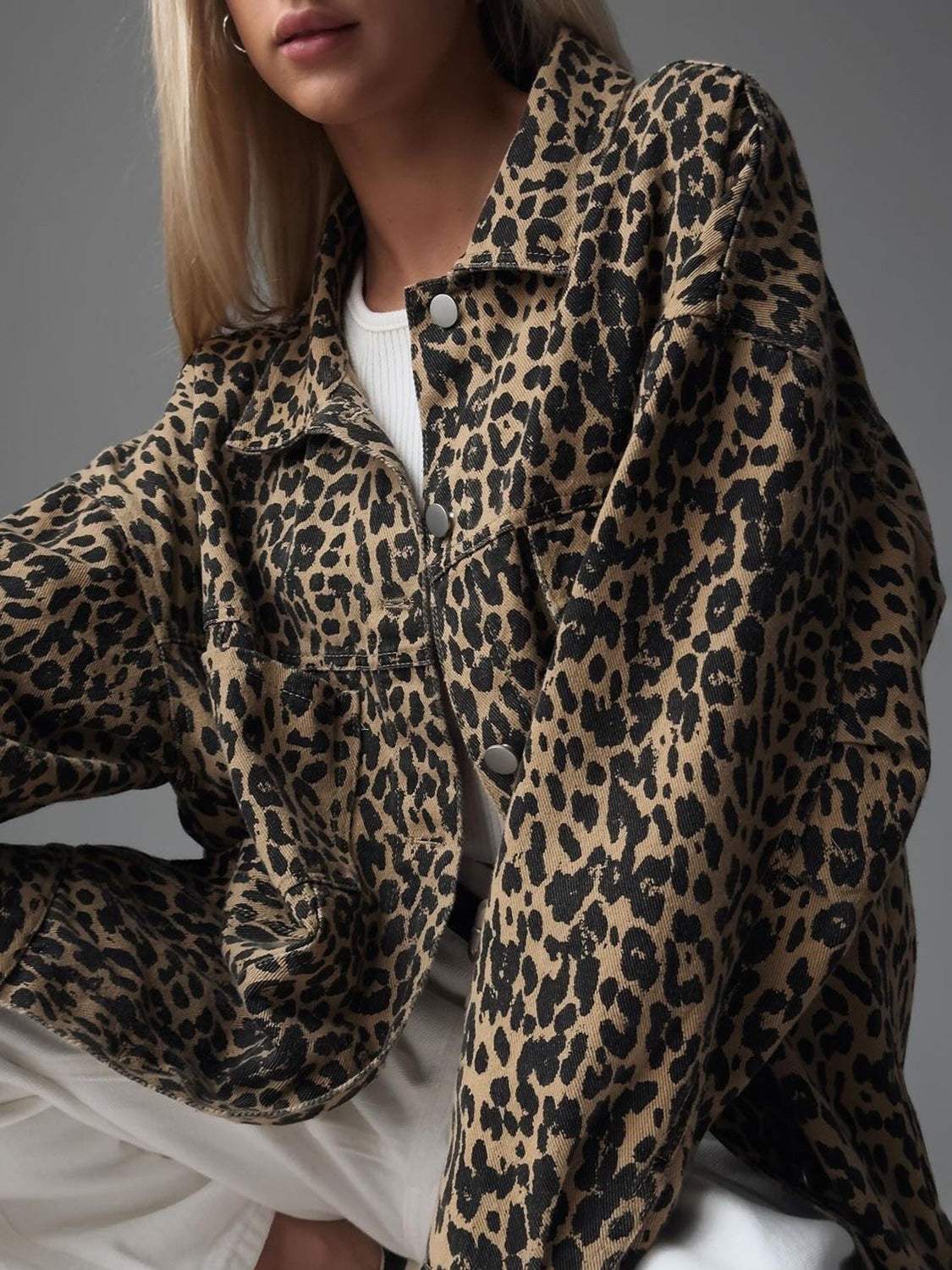 Leopard Button Up Long Sleeve Denim Top - Trendsi - Flyclothing LLC