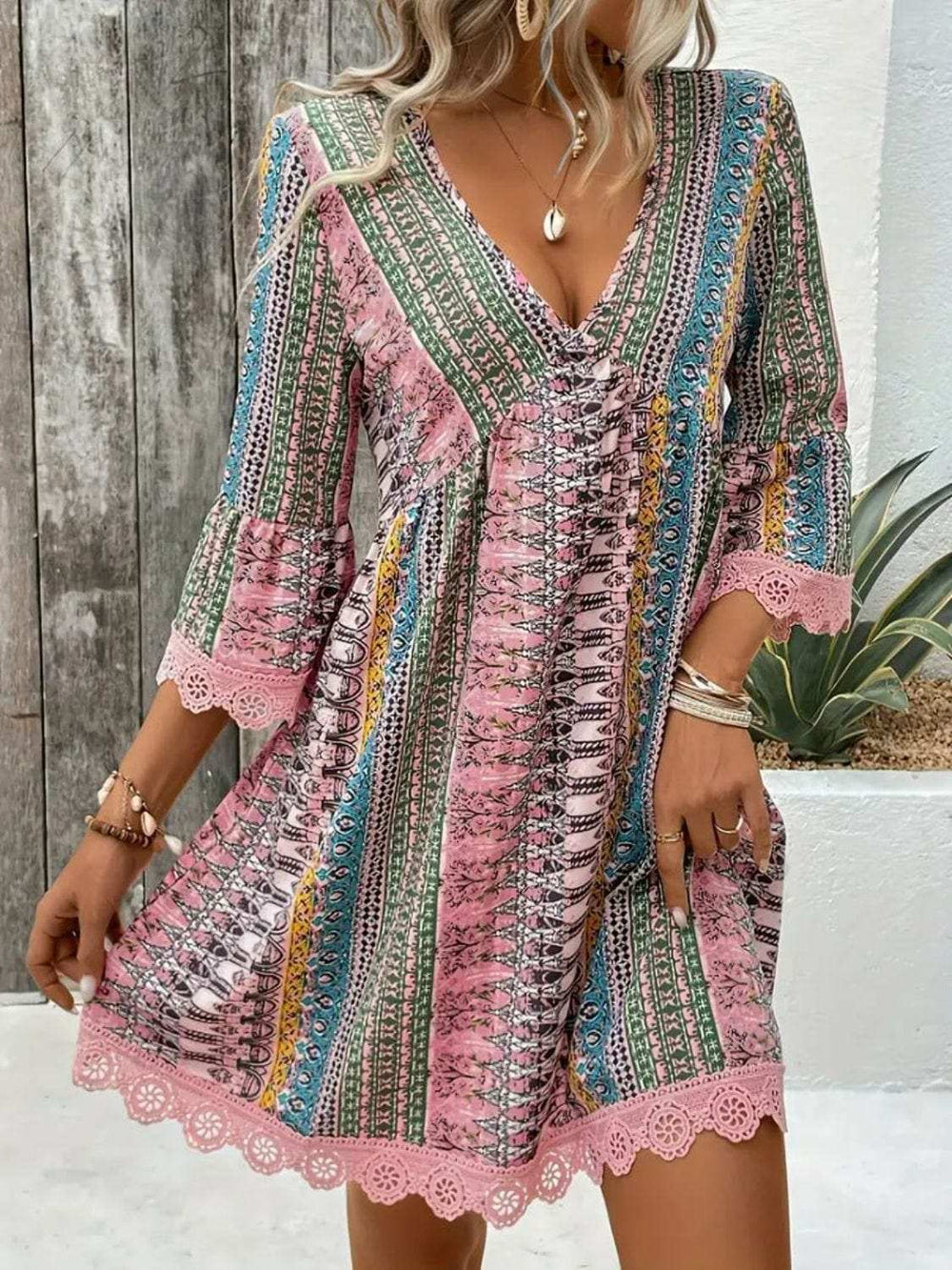 Lace Trim Printed V-Neck 3/4 Sleeve Dress - Trendsi - Flyclothing LLC