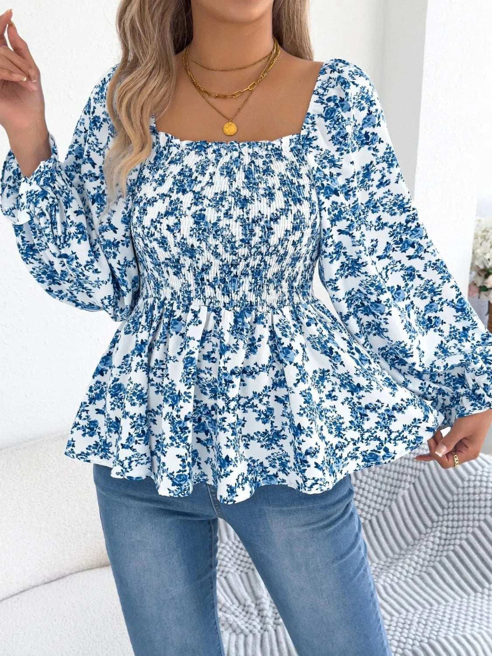 Floral Square Neck Flounce Sleeve Blouse - Trendsi - Flyclothing LLC