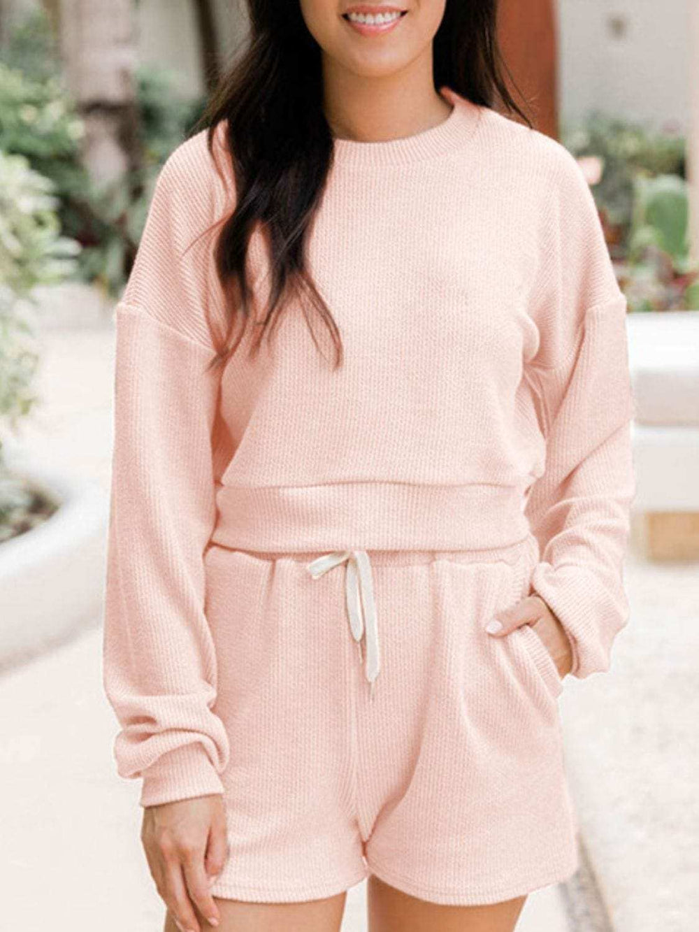 Ribbed Round Neck Long Sleeve Top and Shorts Set - Trendsi - Flyclothing LLC