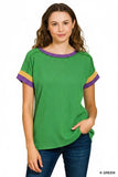 Zenana Mardi Gras Raised Rib Contrast Trim Top - Trendsi - Flyclothing LLC