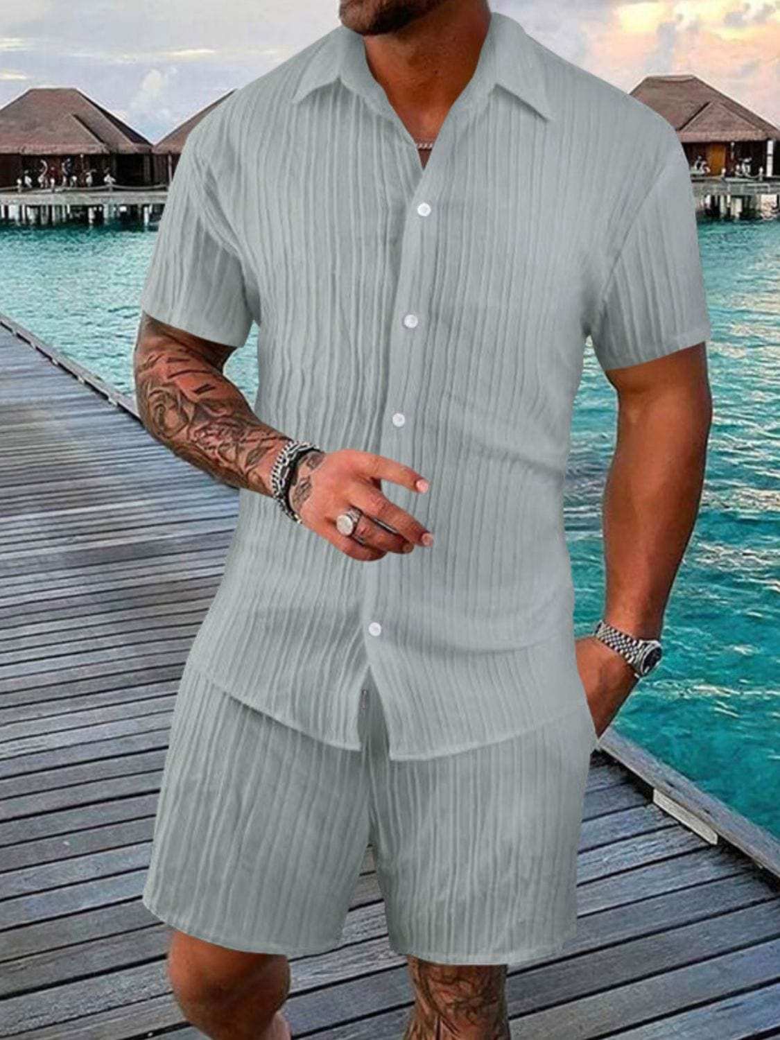 Men's Full Size Button Down Short Sleeve Shirt and Shorts Set Plus Size - Trendsi - Flyclothing LLC