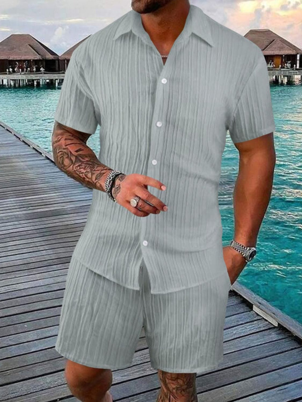Men's Full Size Button Down Short Sleeve Shirt and Shorts Set Plus Size - Trendsi