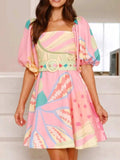 Colorful Print Belted Mini Dress with Puff Sleeves - Trendsi - Flyclothing LLC