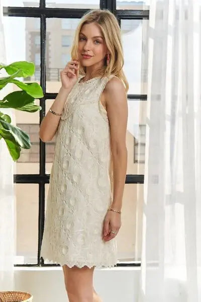 ADORA Applique Round Neck Sleeveless Shift Dress - Trendsi - Flyclothing LLC