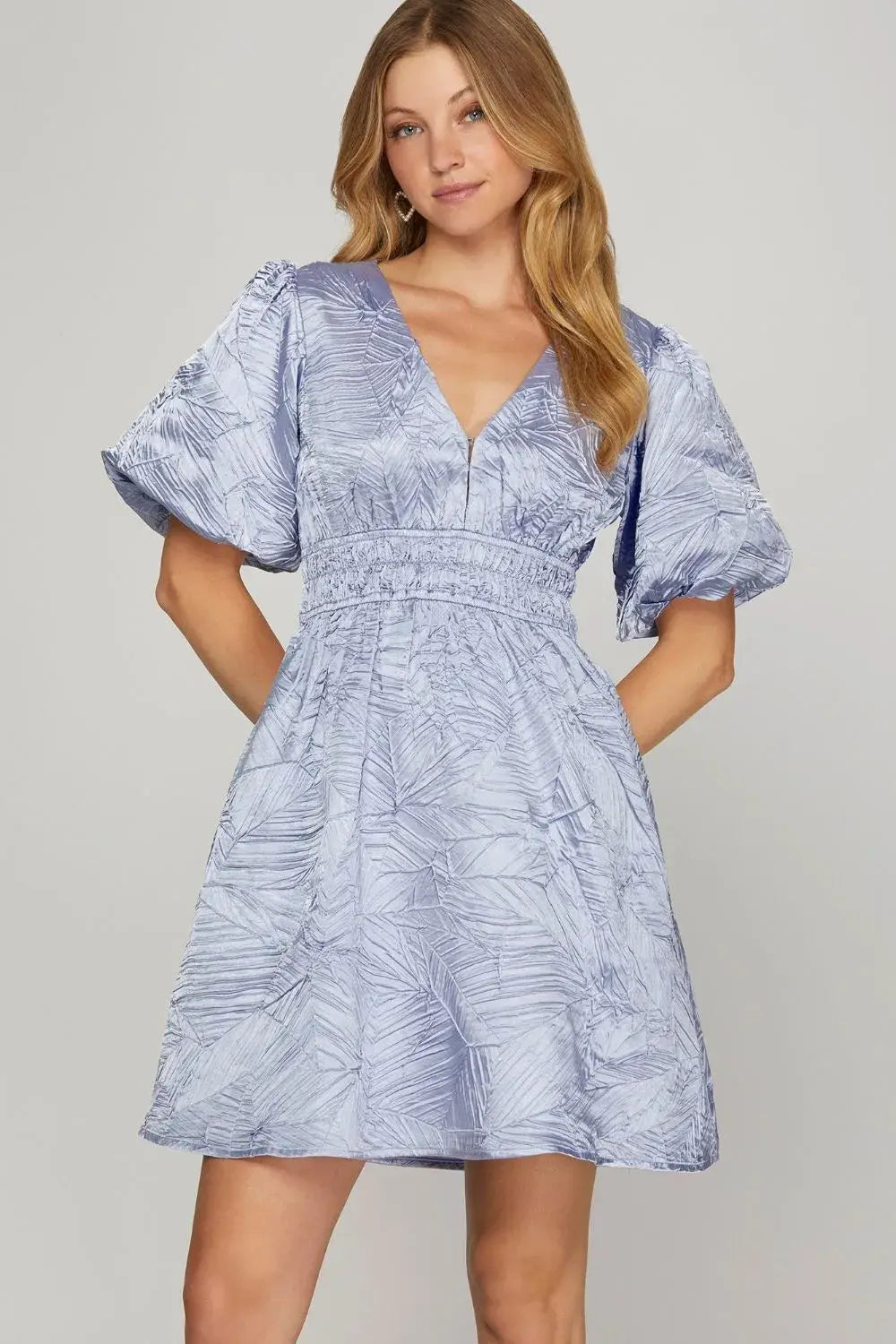 She + Sky Crinkle Woven V-Neck Balloon Sleeve Mini Dress - Trendsi - Flyclothing LLC