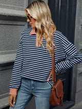 Striped Johnny Collar Long Sleeve Sweatshirt - Trendsi - Flyclothing LLC