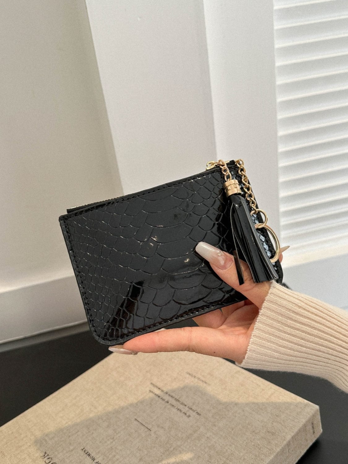 PU Leather Tassel Trim Card Case - Trendsi