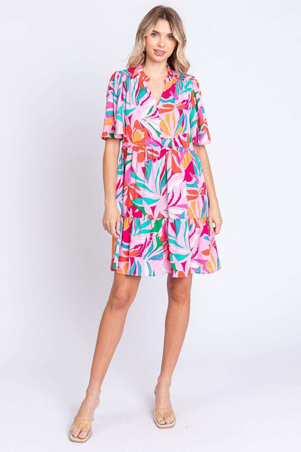 GeeGee Printed Short Sleeve Ruffle Hem Dress - Trendsi - Flyclothing LLC