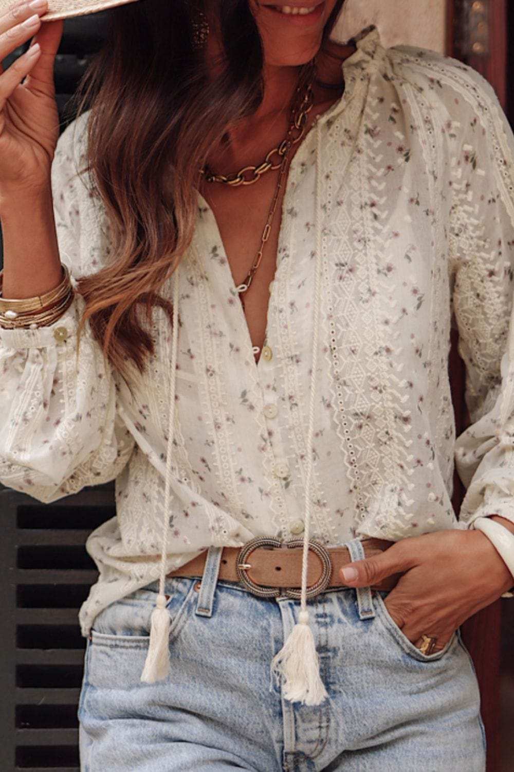 Frill Lace Detail Printed Tie Neck Long Sleeve Blouse - Trendsi - Flyclothing LLC