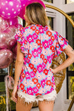 BiBi Floral Notched Ruffled Short Sleeve Blouse - Trendsi