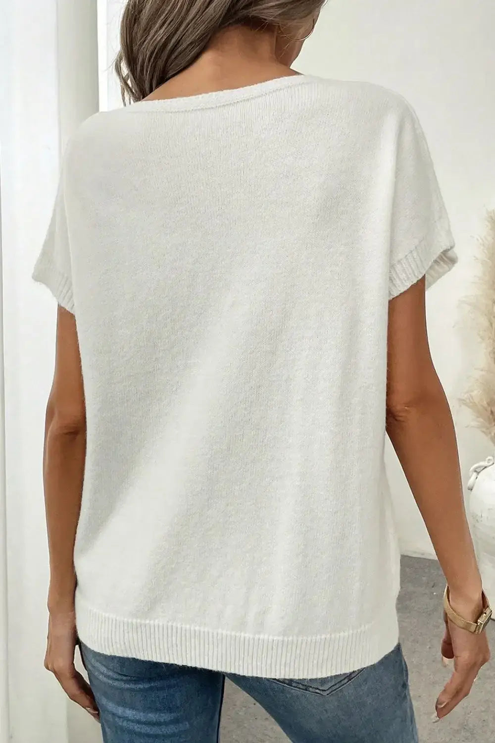 Bow Pattern Knit Short Sleeve Sweater - Trendsi - Flyclothing LLC