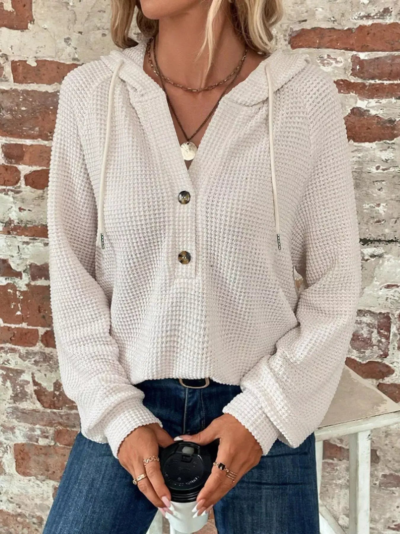 Waffle Knit Button Detail Hoodie - Trendsi - Flyclothing LLC