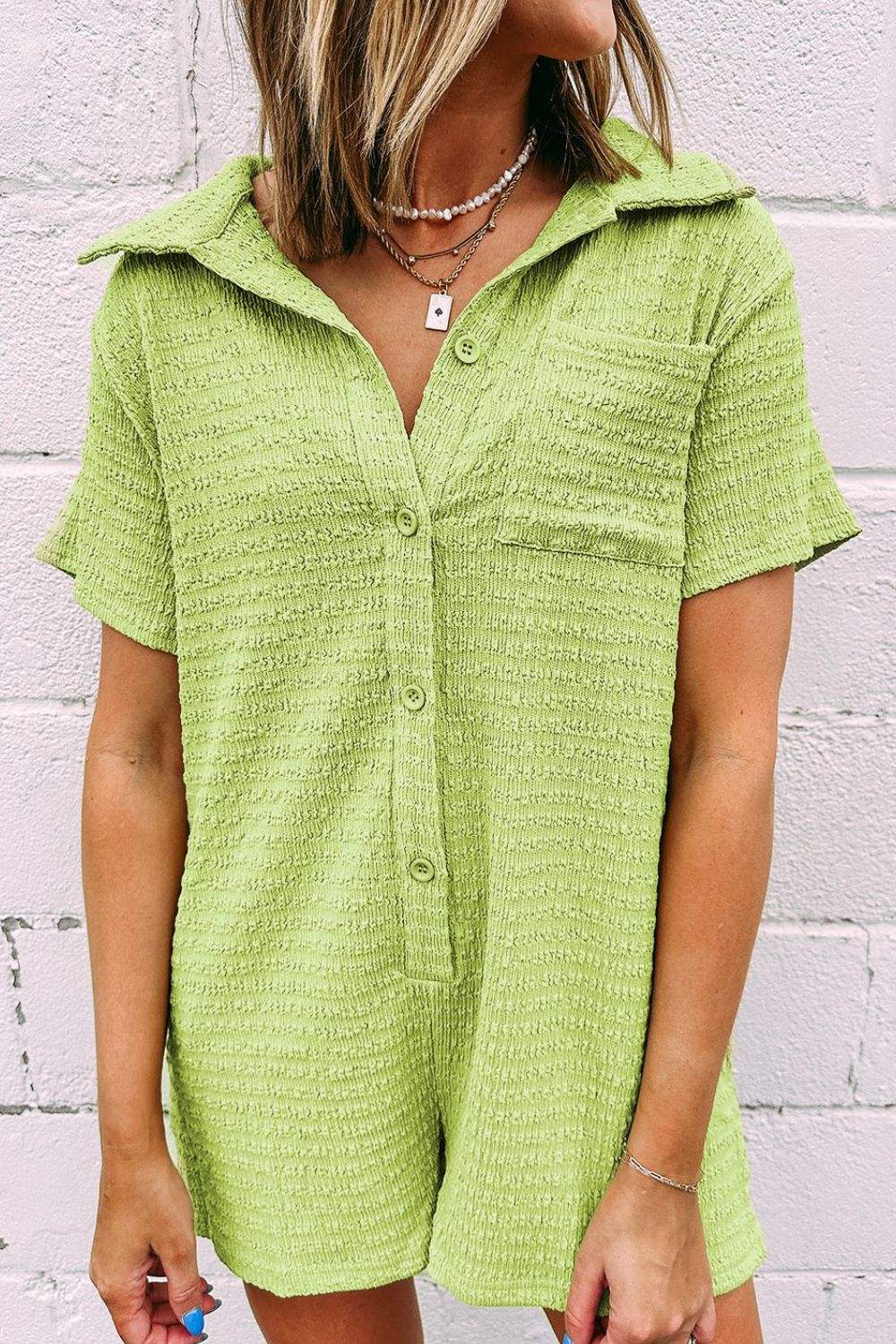 Textured Short Sleeve Patched Pocket Buttoned Romper - Trendsi - Flyclothing LLC