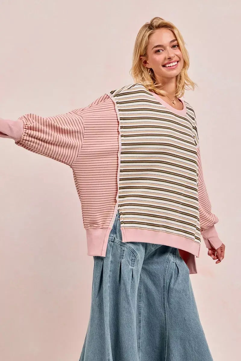 BiBi Stripe Mixed Top With Cut Edge And Reverse Outseam - Trendsi - Flyclothing LLC