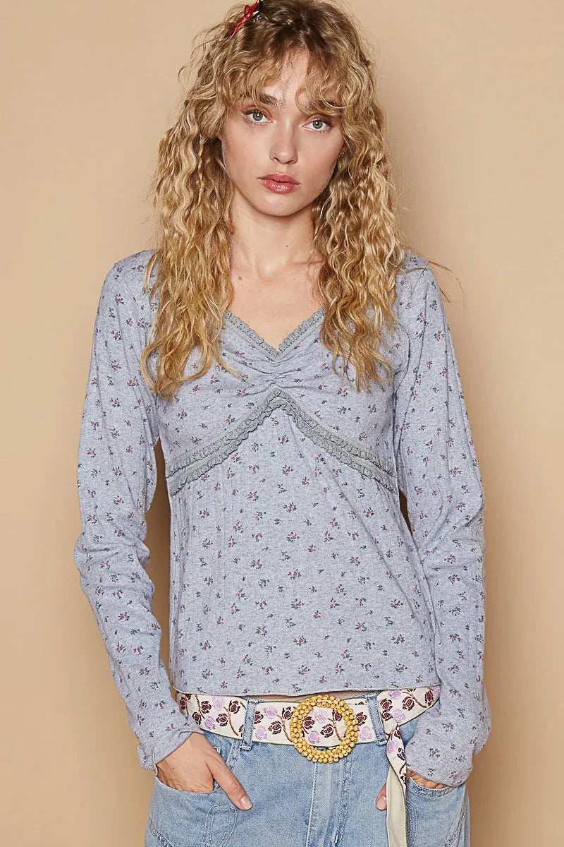 POL Floral V-Neck Long Sleeve T-Shirt - Trendsi
