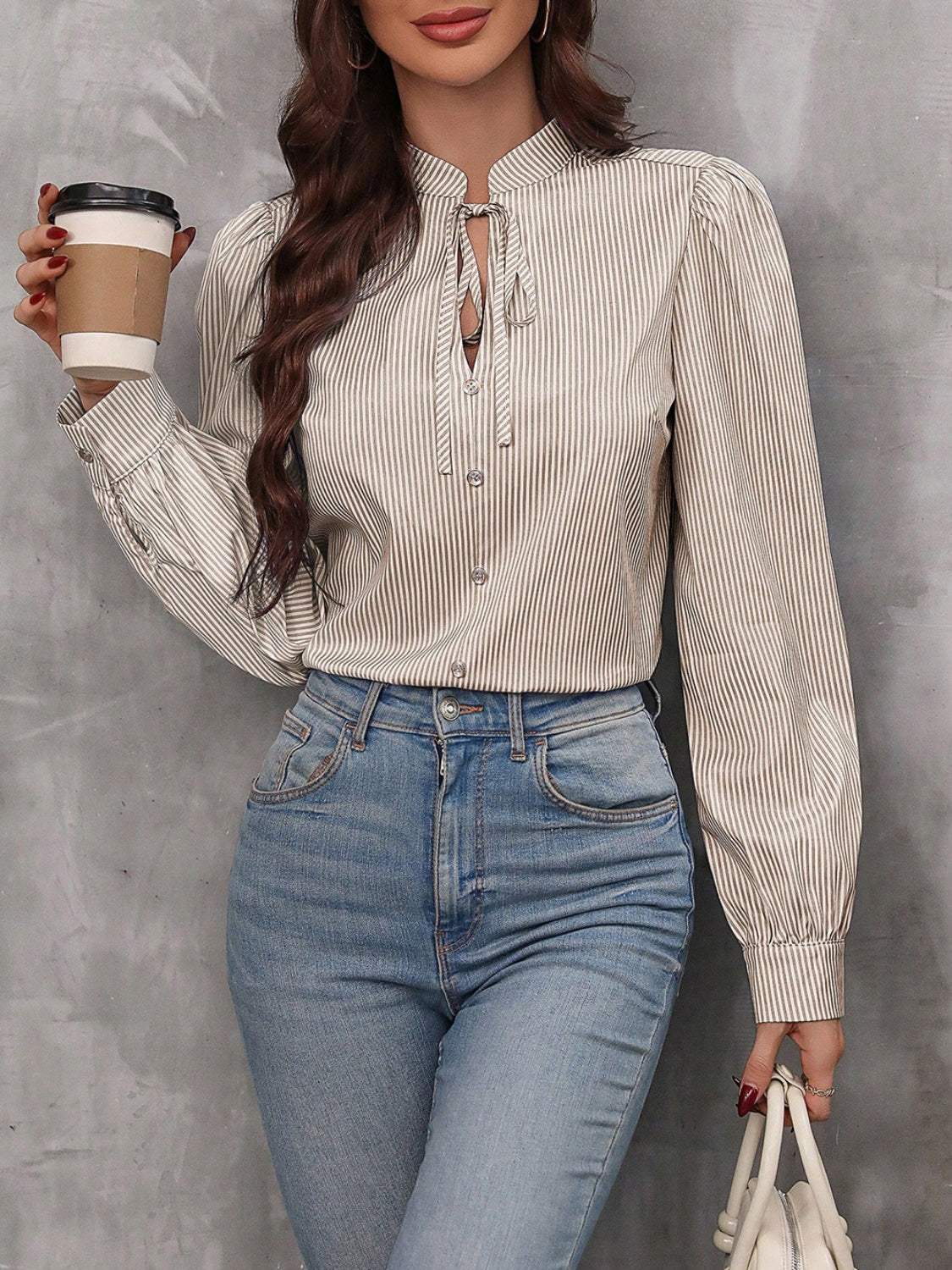 Striped Tie Neck Long Sleeve Blouse - Trendsi - Flyclothing LLC