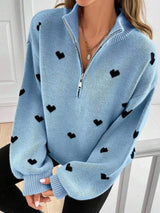 Full Size Heart Half-Zip Long Sleeve Sweater Plus Size - Trendsi - Flyclothing LLC