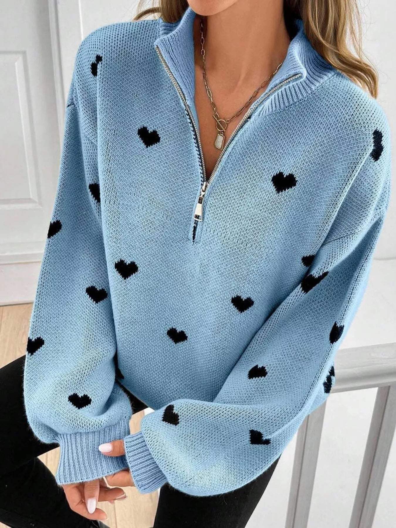 Full Size Heart Half-Zip Long Sleeve Sweater Plus Size - Trendsi - Flyclothing LLC