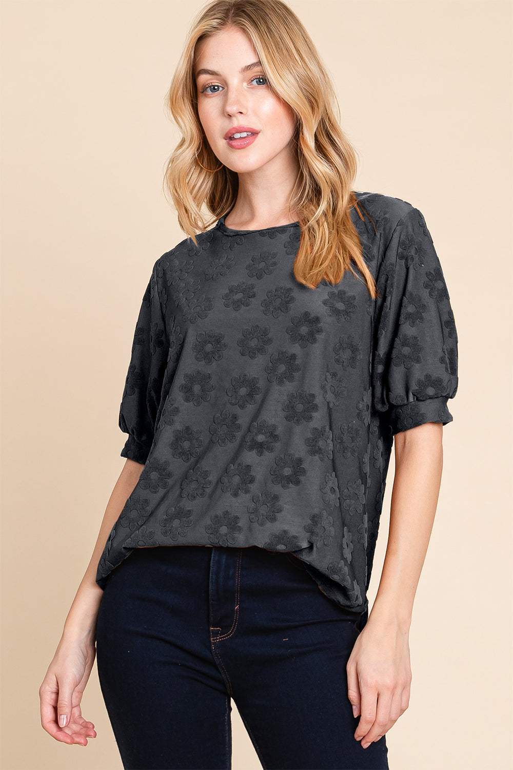 BOMBOM Textured Floral Pattern Top - Trendsi - Flyclothing LLC