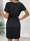 Tied Round Neck Short Sleeve Mini Dress - Trendsi