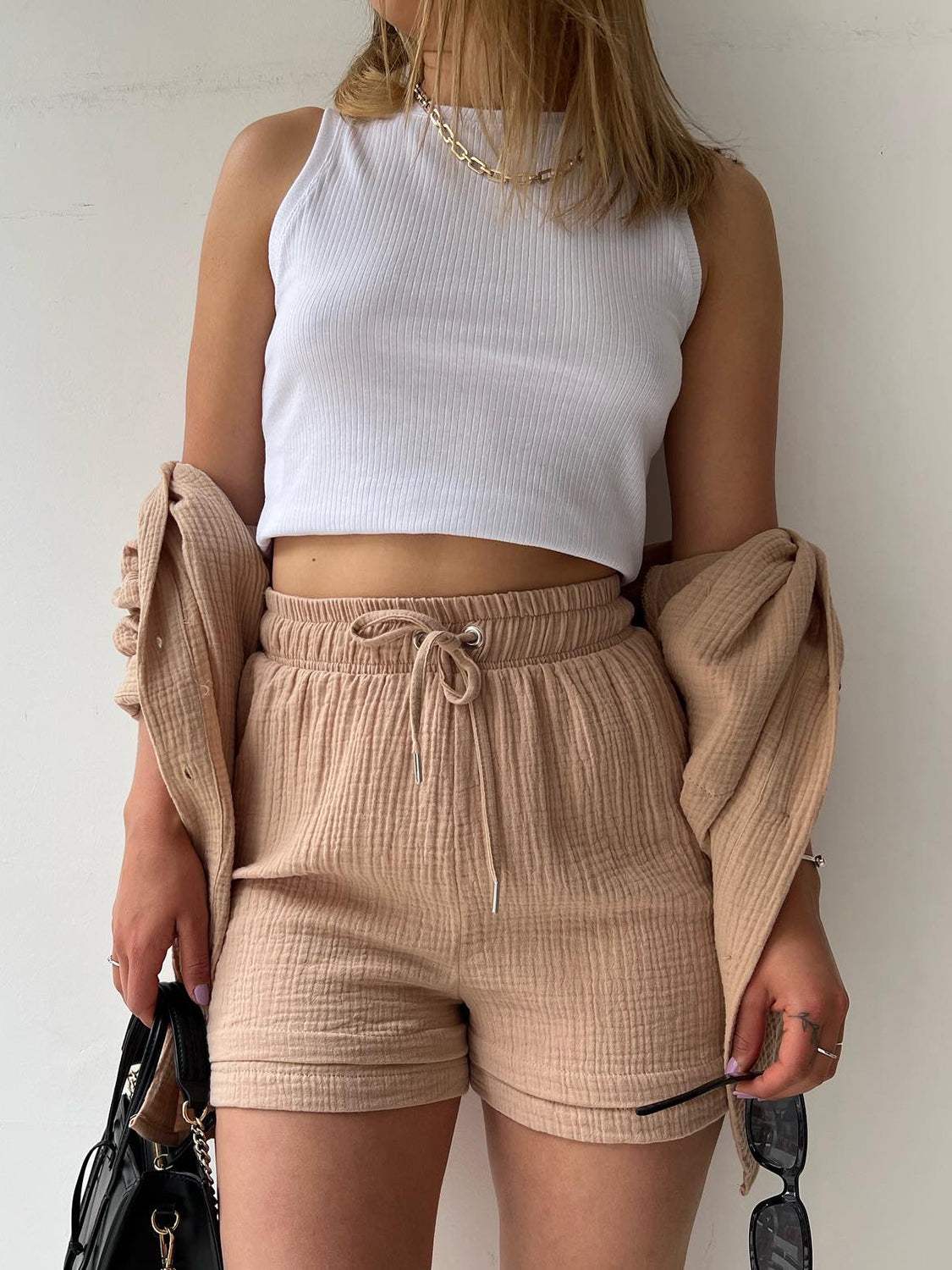 Texture Button Up Shirt and Drawstring Shorts Set - Trendsi - Flyclothing LLC