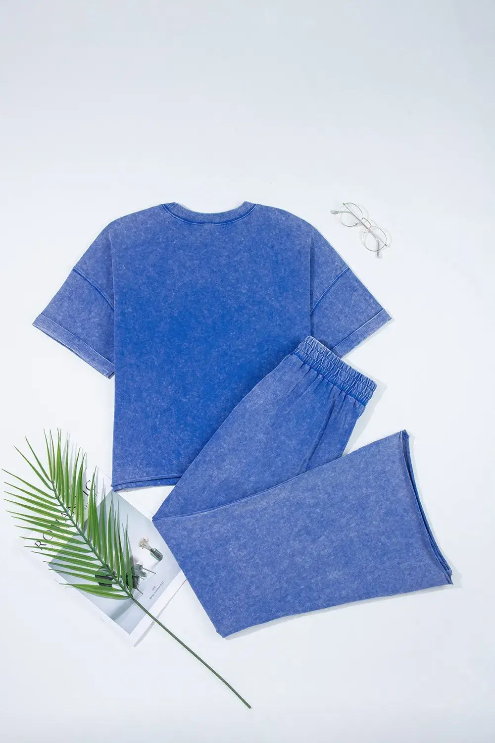 Acid Wash Star Patched Rolled Trim Top and Pants Set - Trendsi - Flyclothing LLC