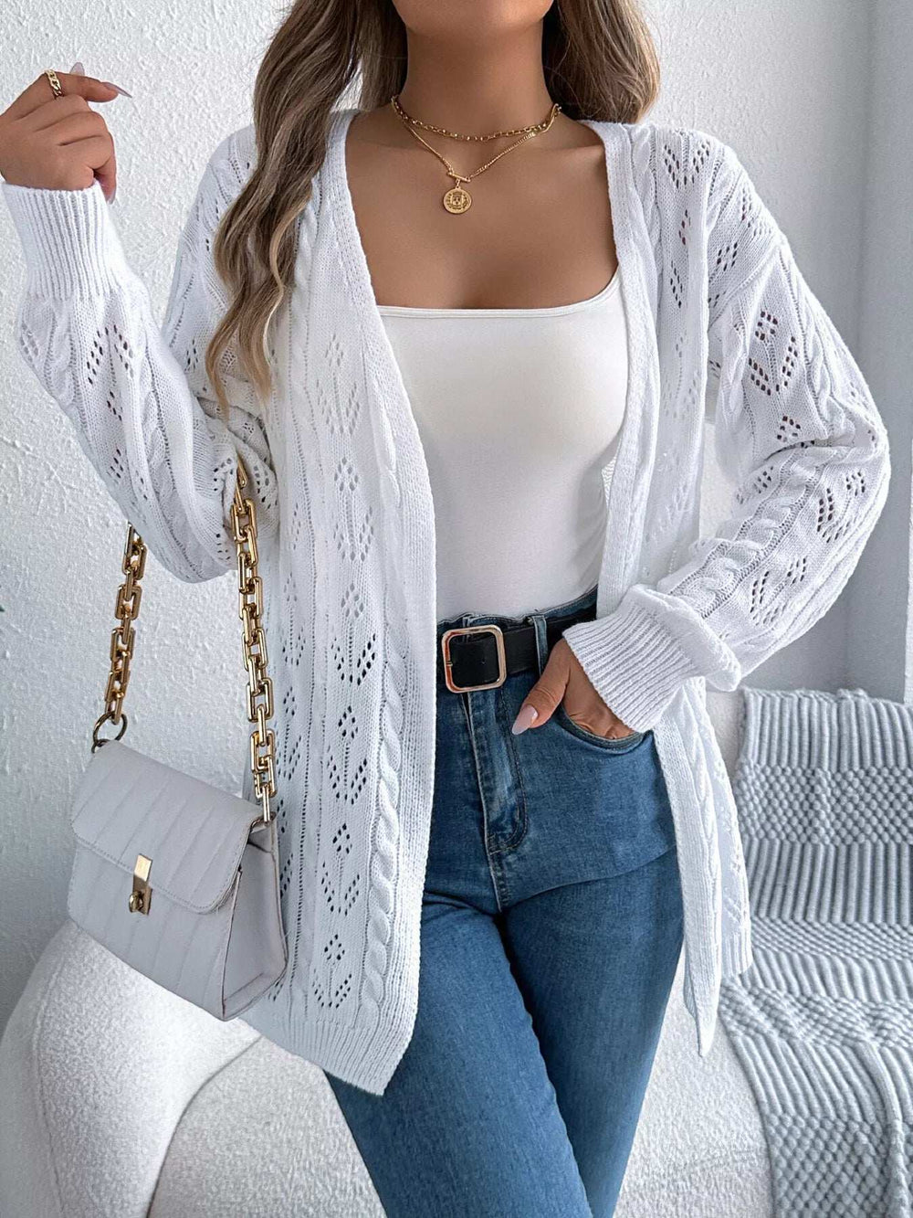 Openwork Open Front Long Sleeve Cardigan - Trendsi - Flyclothing LLC