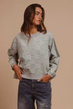 BiBi Mineral Washed Checkered Round Neck Denim Top - Trendsi - Flyclothing LLC