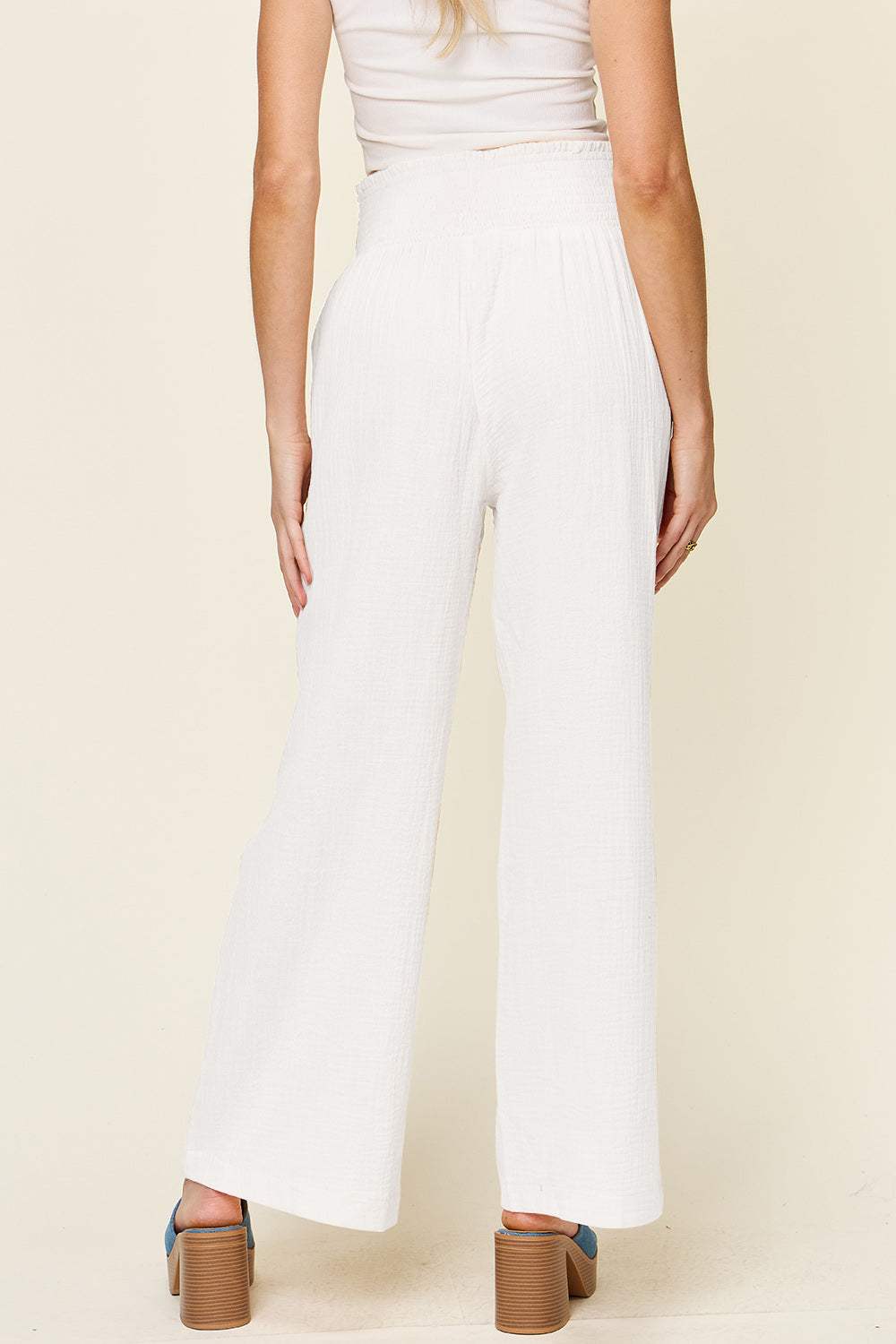 Double Take Full Size Texture Smocked Waist Wide Leg Pants - Trendsi - Flyclothing LLC