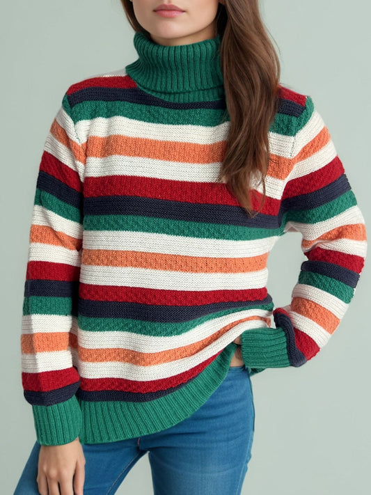 Contrast Stripes Turtleneck Long Sleeve Sweater - Trendsi