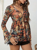 Printed V-Neck Flare Sleeve Top - Trendsi