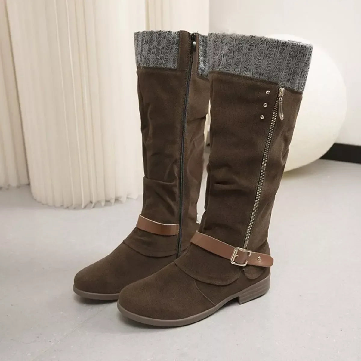 Knee High Slouch Boots with Knit Cuff - Trendsi - Flyclothing LLC
