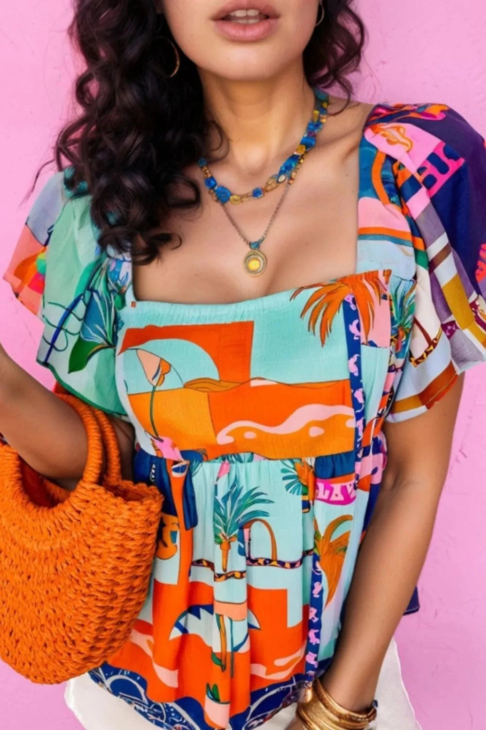 Printed Square Neck Ruffled Short Sleeve Blouse - Trendsi