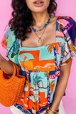 Printed Square Neck Ruffled Short Sleeve Blouse - Trendsi