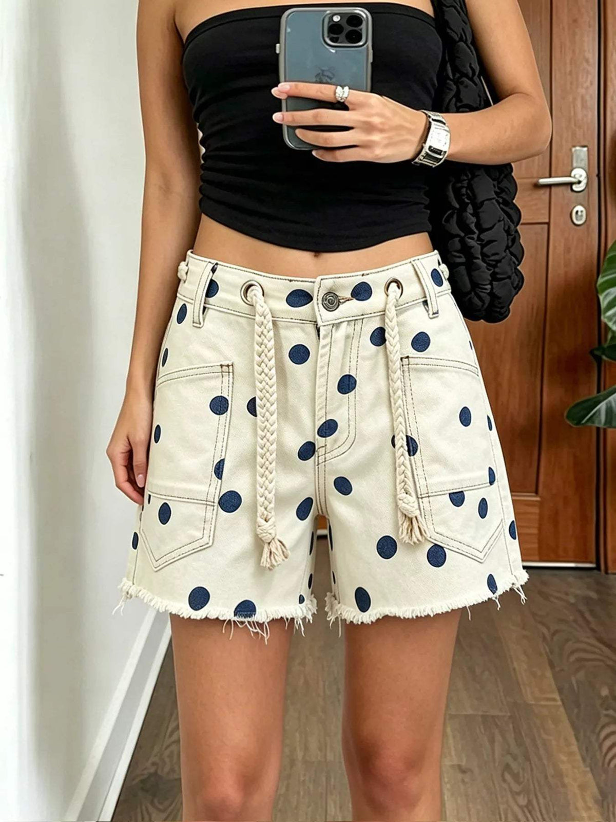 Polka Dot Denim Shorts with Braided Drawstring - Trendsi - Flyclothing LLC