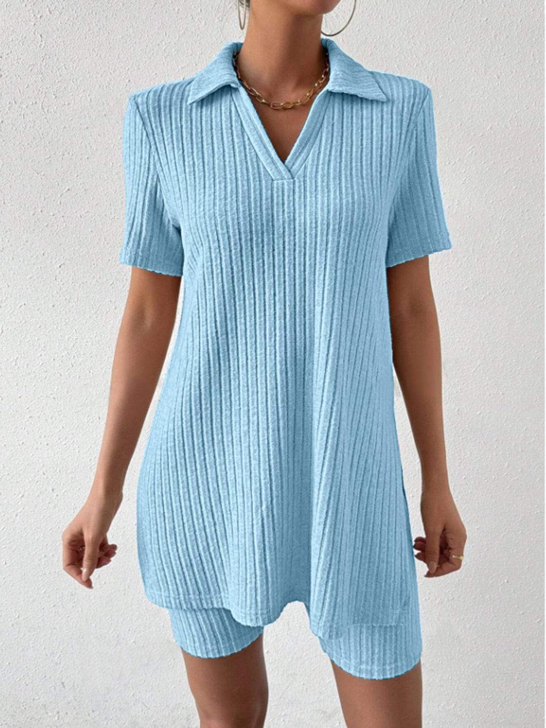 Johnny Collar Short Sleeve Top and Shorts Set - Trendsi - Flyclothing LLC