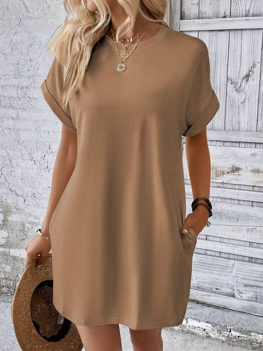Round Neck Short Sleeve Mini Dress - Trendsi - Flyclothing LLC