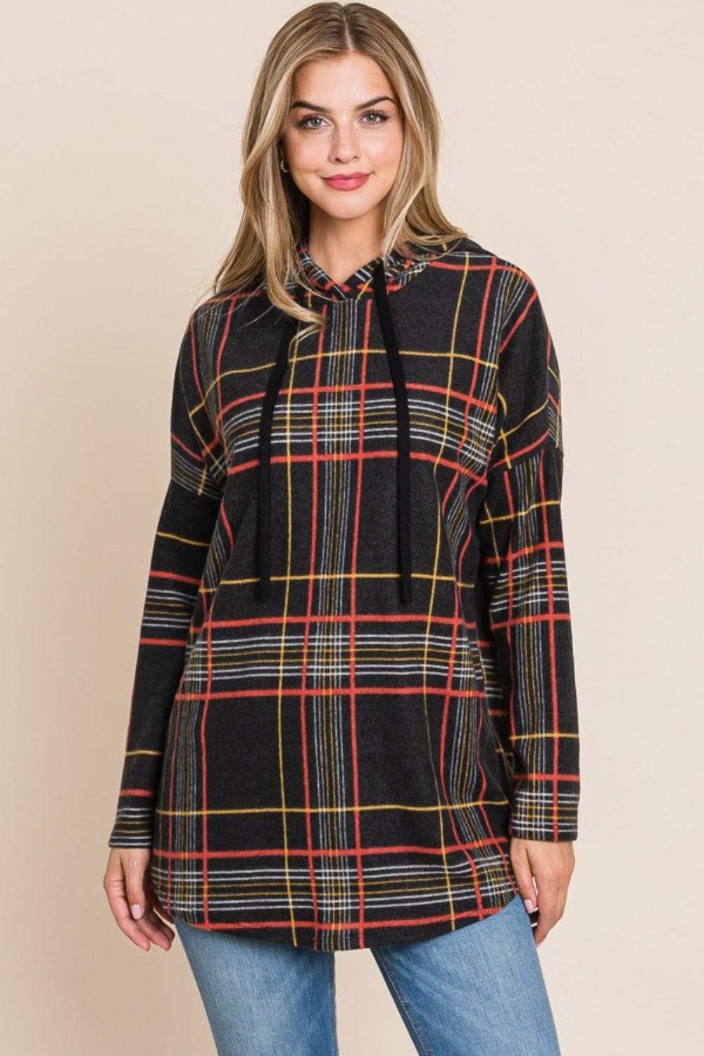 BOMBOM Drawstring Plaid Long Sleeve Hoodie - Trendsi - Flyclothing LLC