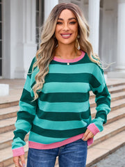 Striped Round Neck Dropped Shoulder Sweater - Trendsi
