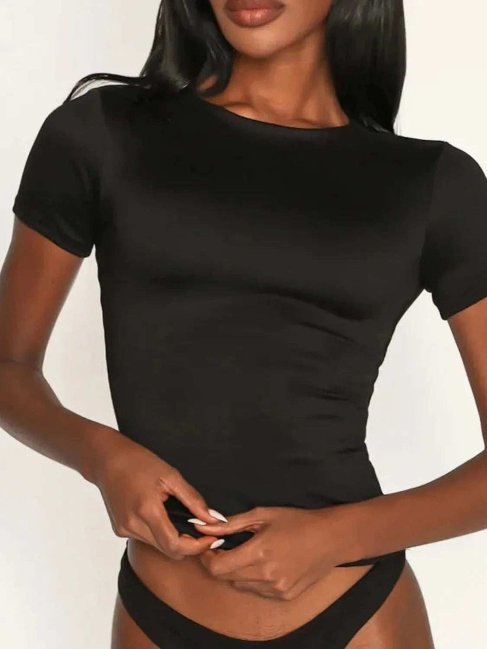 Round Neck Short Sleeve Swim Top - Trendsi - Flyclothing LLC