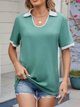 Contrast Trim Collar Short Sleeve Casual T-Shirt - Trendsi - Flyclothing LLC